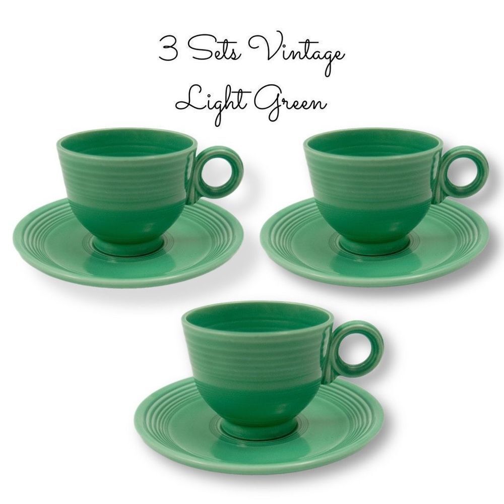 Fiesta Fiestaware Set of 3 Vintage Original Light Green Glaze Teacup Saucer Sets